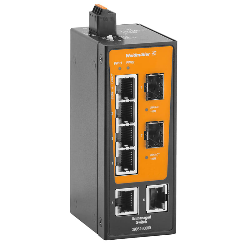 WEIDMULLER - Switch rete, unmanaged, Fast Ethernet, 6x RJ45, 2x 100BaseSFP slot, -40 °C...75 °C, IP30