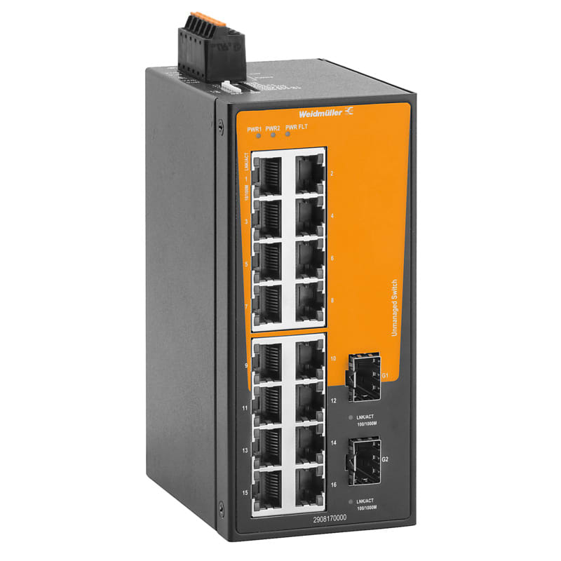 WEIDMULLER - Switch rete, unmanaged, Fast/Gigabit Ethernet, 16x RJ45, 2x 100/1000BaseSFP Slot, -40 °C...75 °C, IP30