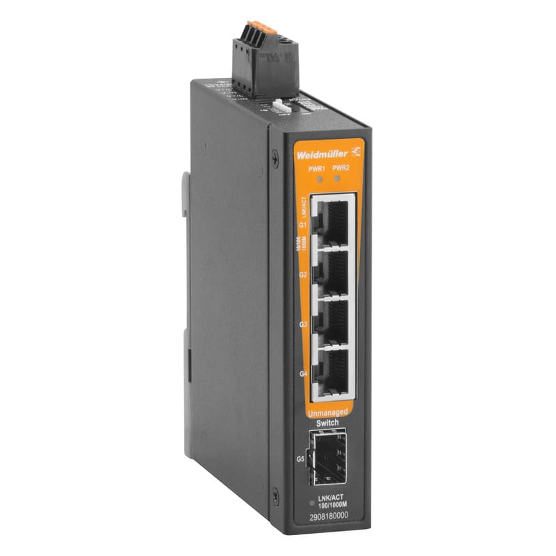 WEIDMULLER - Switch rete, unmanaged, Gigabit Ethernet, 4x RJ45, 1x 100/1000BaseSFP Slot, -40 °C...75 °C, IP30