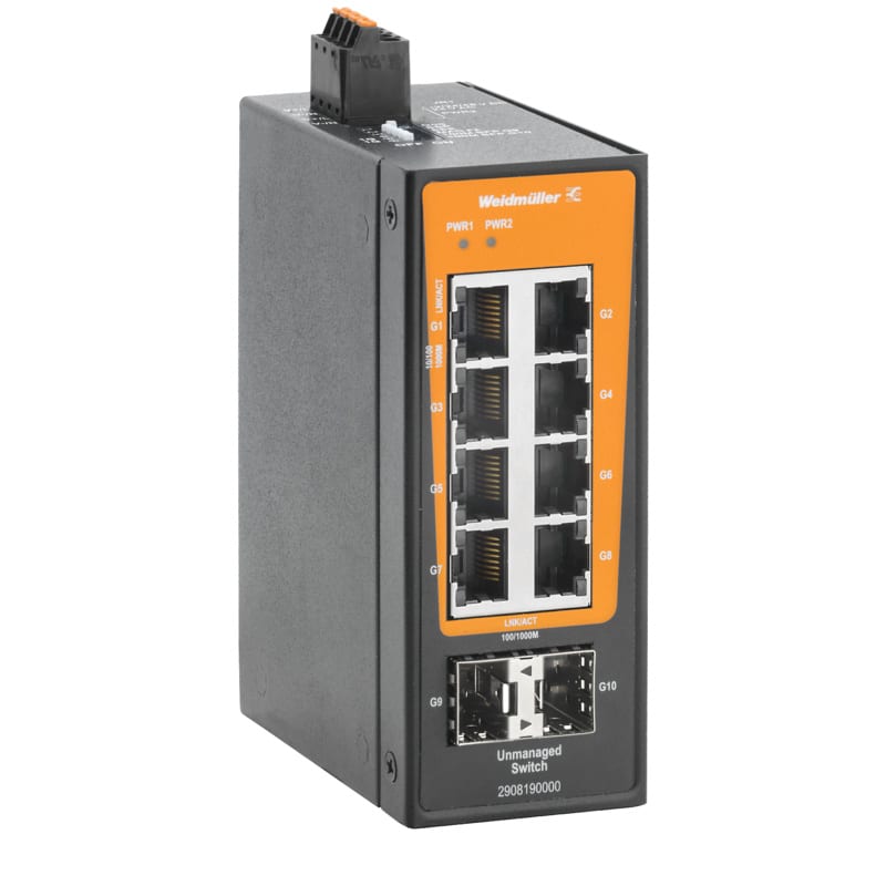 WEIDMULLER - Switch rete, unmanaged, Gigabit Ethernet, 8x RJ45, 2x 100/1000BaseSFP Slot, -40 °C...75 °C, IP30