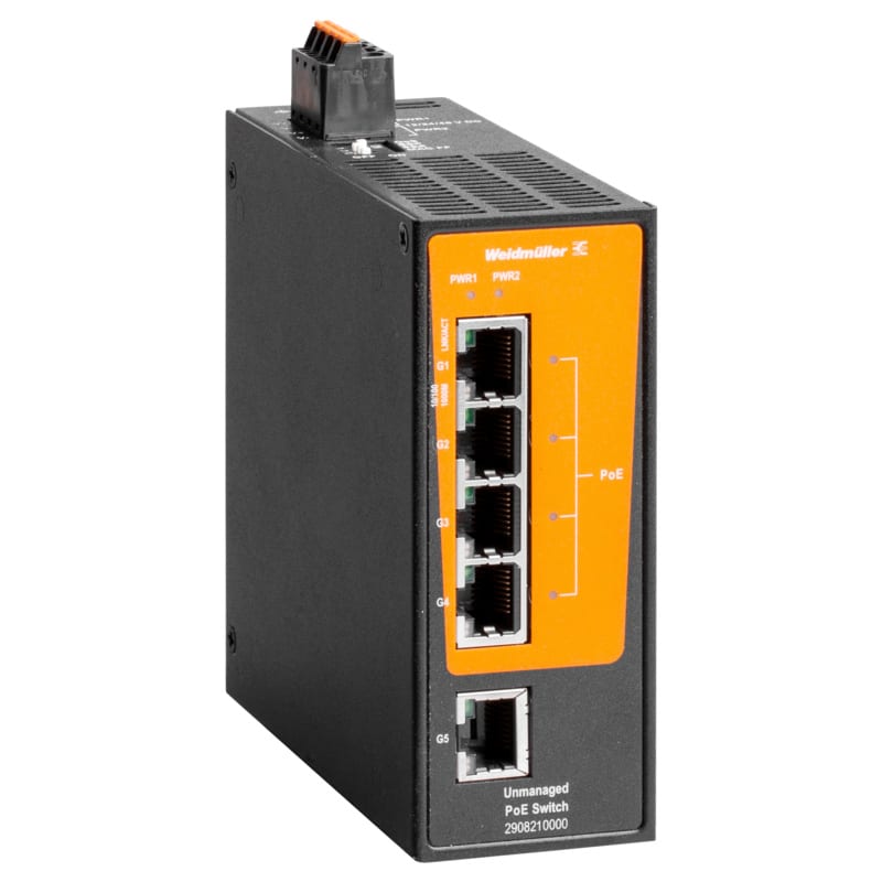 WEIDMULLER - Interruttore PoE, unmanaged PoE, Gigabit Ethernet, 1x RJ45, 4x RJ45 PoE++, IP30, -40 °C...75 °C