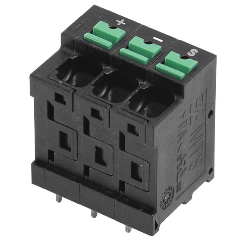 WEIDMULLER - Morsetto per circuito stampato, 320 V, 32 A, Passo in mm: 5.00, 4 mm², Numero di poli: 3, SNAP IN con tasto di attivazione, Collegamento a saldare THT