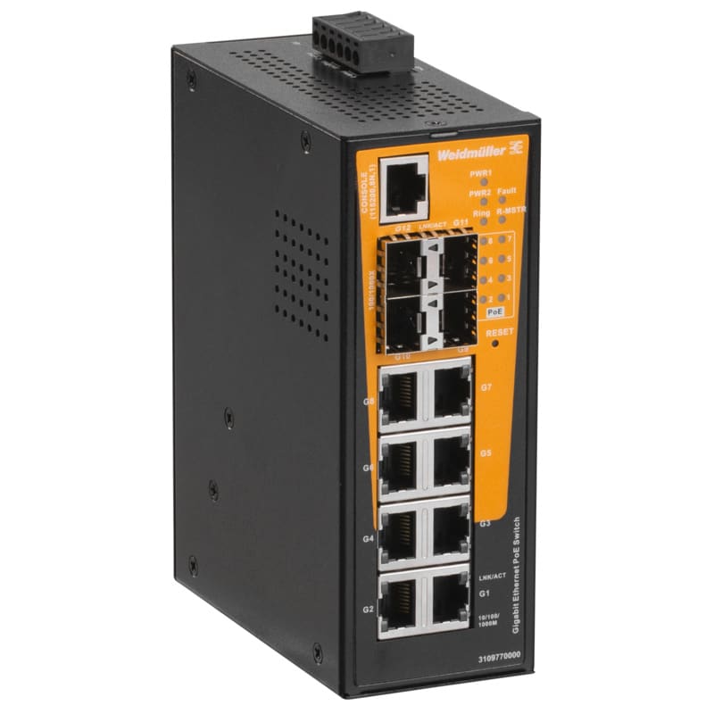 WEIDMULLER - Switch rete, managed PoE, Gigabit Ethernet, 8x RJ45 10/100/1000 BaseT(X) PoE+, 4x 100/1000BaseSFP Slot, -40 °C...75 °C, IP30