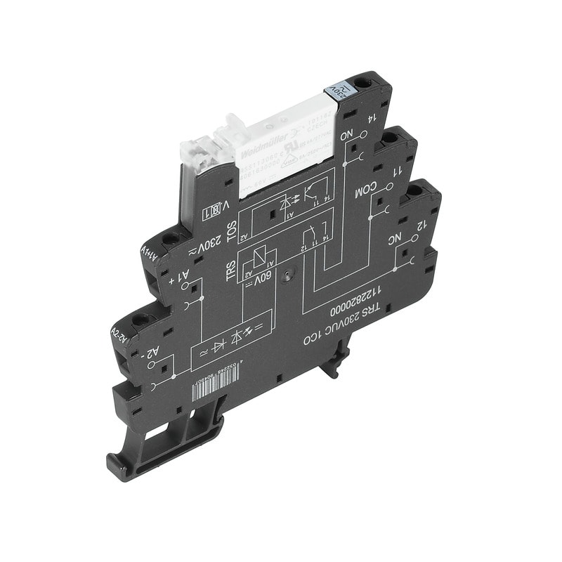 WEIDMULLER - Modulo a relè TRS 120VUC con LED verde, raddrizzatore e 1 contatto di scambio AGSNO 250VAC 6A, collegamento a vite e tasto di prova disponibile.