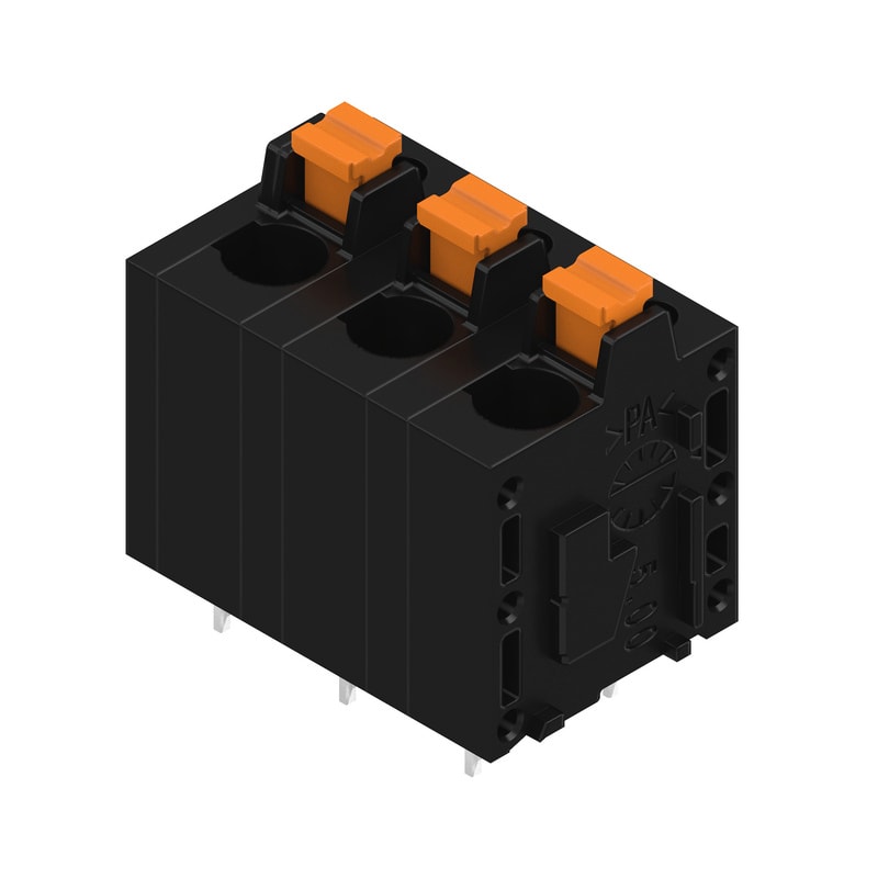 WEIDMULLER - Morsetto per circuito stampato, 600 V, 24 A, Passo in mm: 7.50, 2.5 mm², Numero di poli: 3, PUSH IN con tasto di attivazione, Collegamento a saldare T