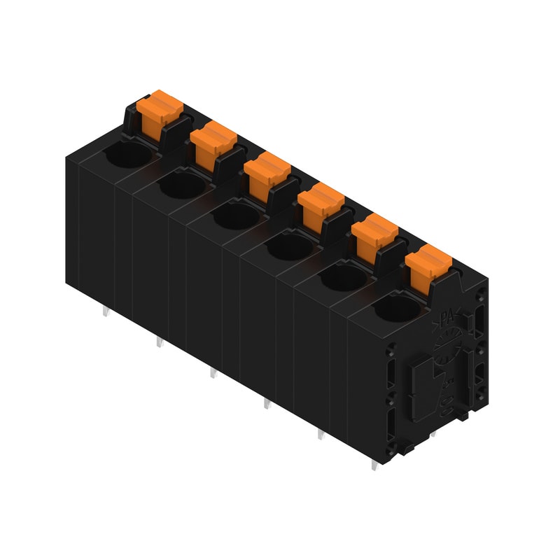 WEIDMULLER - Morsetto per circuito stampato, 600 V, 24 A, Passo in mm: 7.50, 2.5 mm², Numero di poli: 6, PUSH IN con tasto di attivazione, Collegamento a saldare T