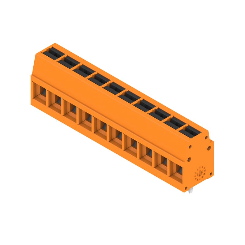 WEIDMULLER - Morsetto per circuito stampato, 350 V, 24 A, Passo in mm: 5.00, 2.5 mm², Numero di poli: 10, PUSH IN con attuatore, Collegamento a saldare THT, 90°, B