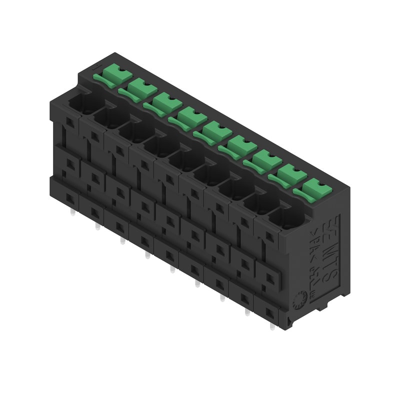 WEIDMULLER - Morsetto per circuito stampato, 400 V, 32 A, Passo in mm: 5.00, 4 mm², Numero di poli: 9, SNAP IN con tasto di attivazione, Collegamento a saldare THT